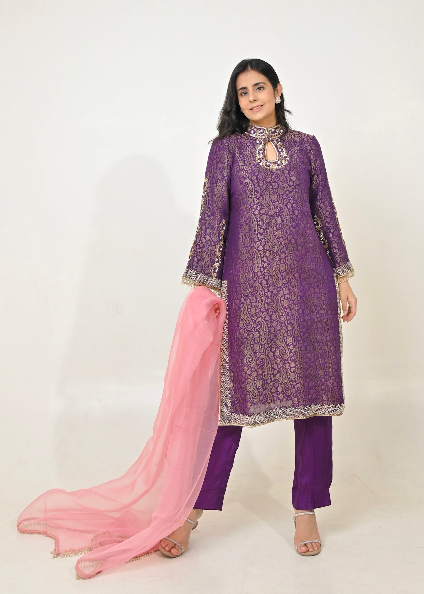 Noor Hand-Embroidered Banarasi Suit Set- Purple