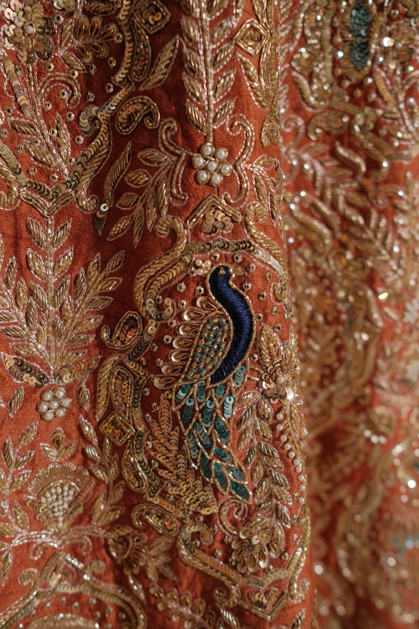 Burnt Orange Raw Silk Bridal Lehenga