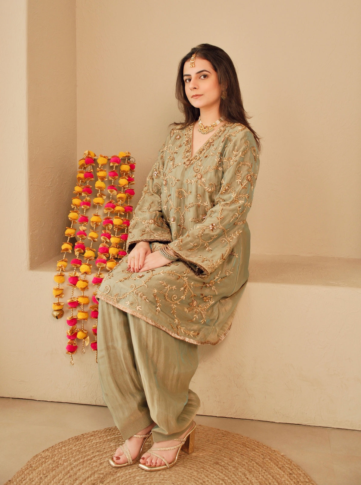 Sage Zari – Pure Crushed Tissue Salwar Set
