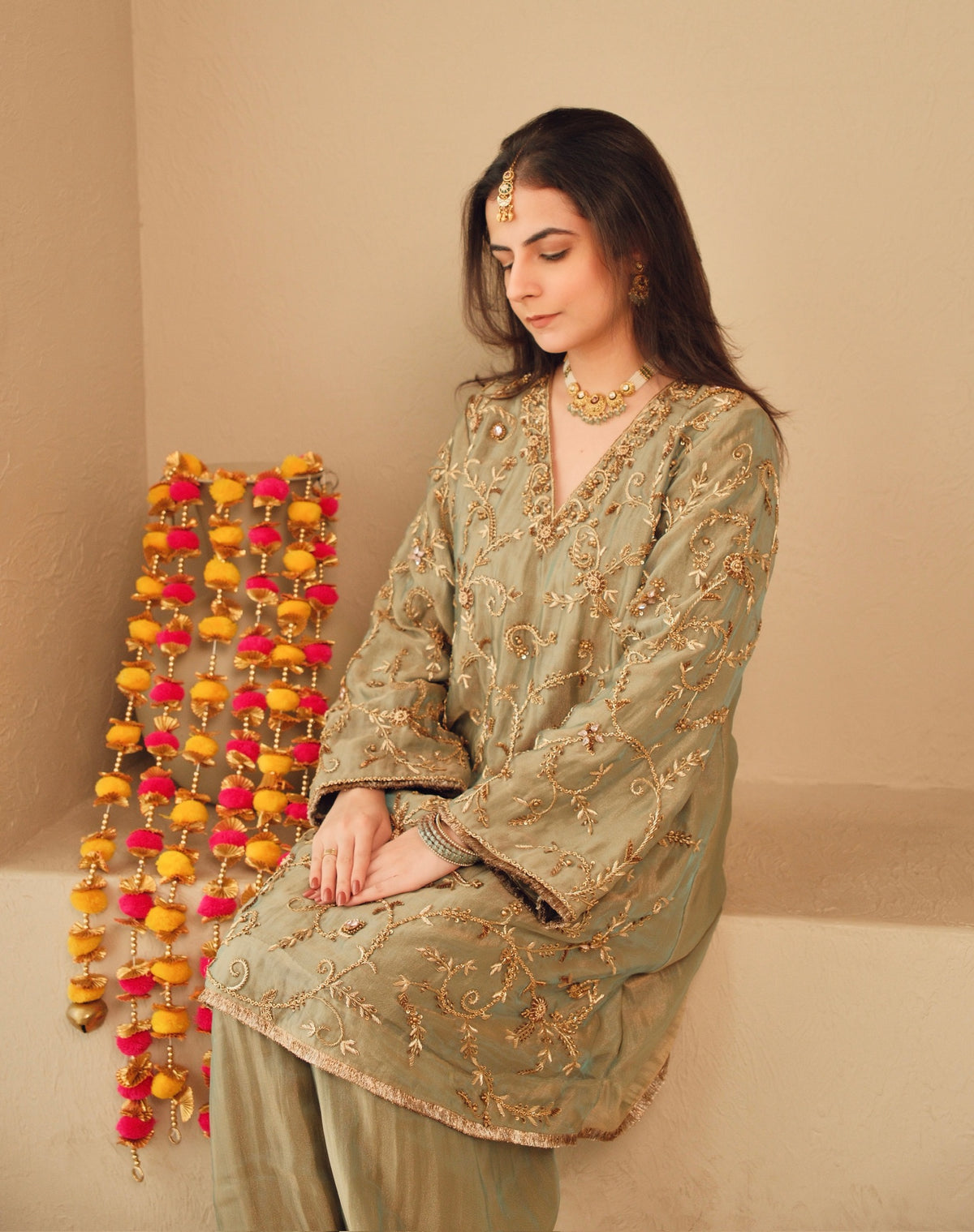 Sage Zari – Pure Crushed Tissue Salwar Set