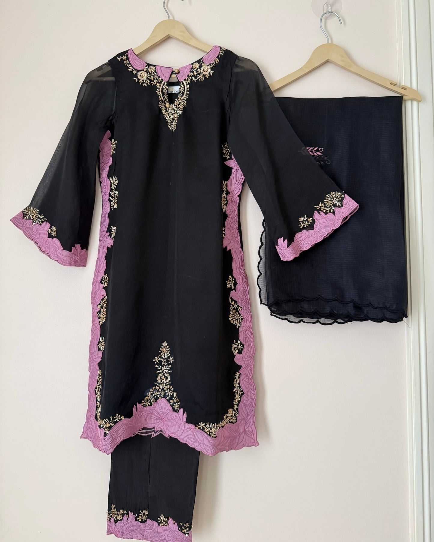 Black Semi-Silk Suit with Mauve Embroidery