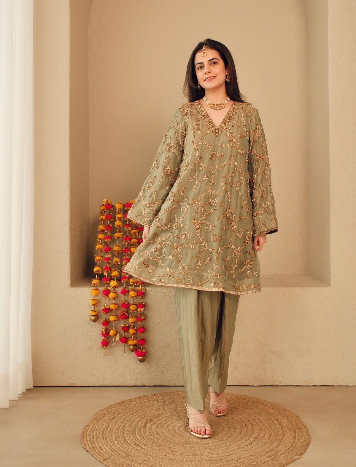 Sage Zari – Pure Crushed Tissue Salwar Set
