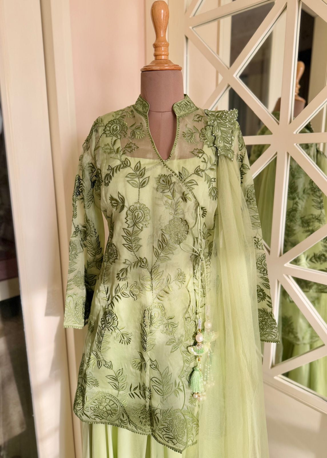 Pastel Green Organza Jacket Sharara Set – 4 Piece Ensemble