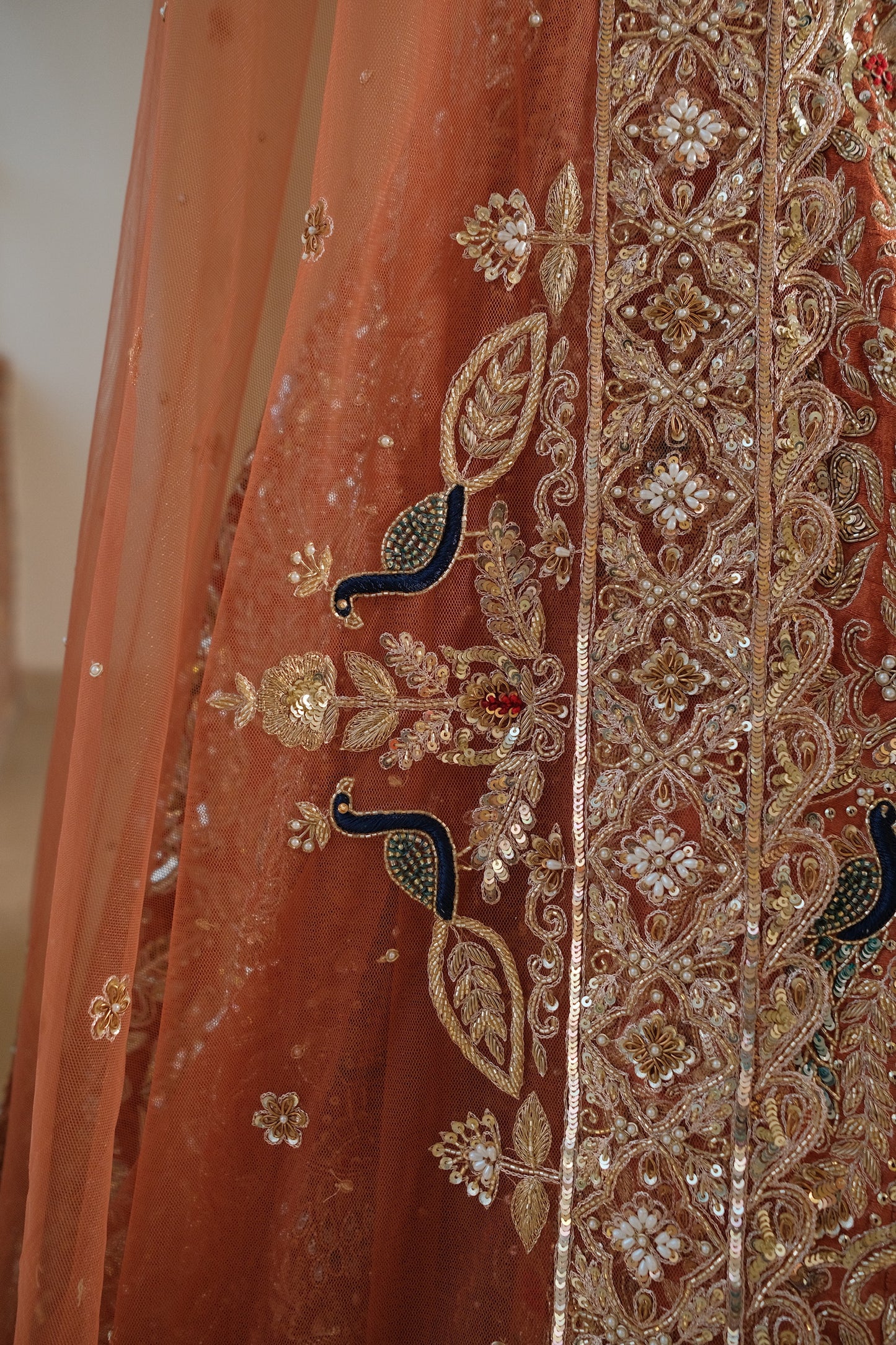 Burnt Orange Raw Silk Bridal Lehenga