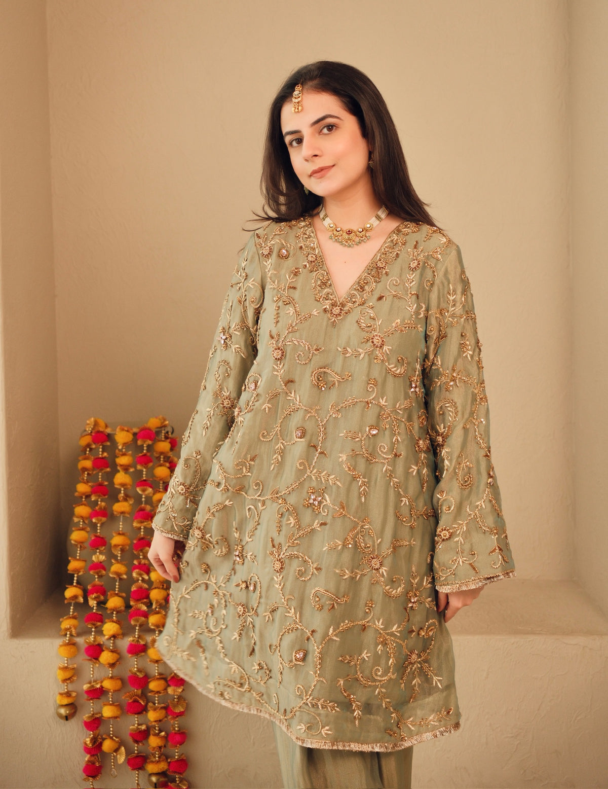 Sage Zari – Pure Crushed Tissue Salwar Set