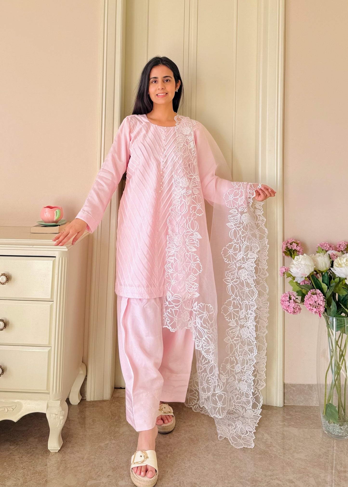 Blush Reverie — Semi Silk Pintex Suit with Organza Dupatta