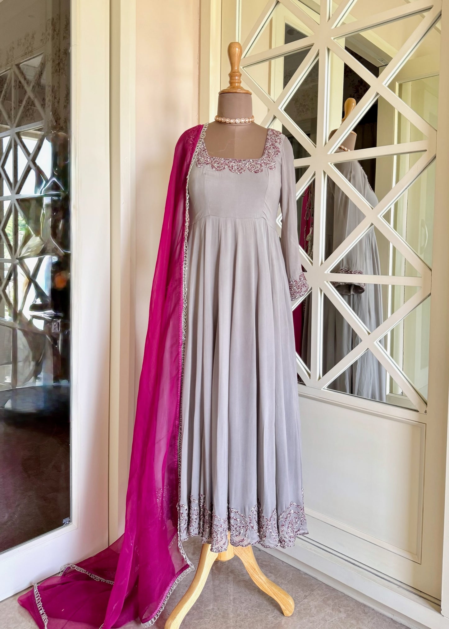 Dove Grey Embellished Georgette Anarkali with Magenta Dupatta