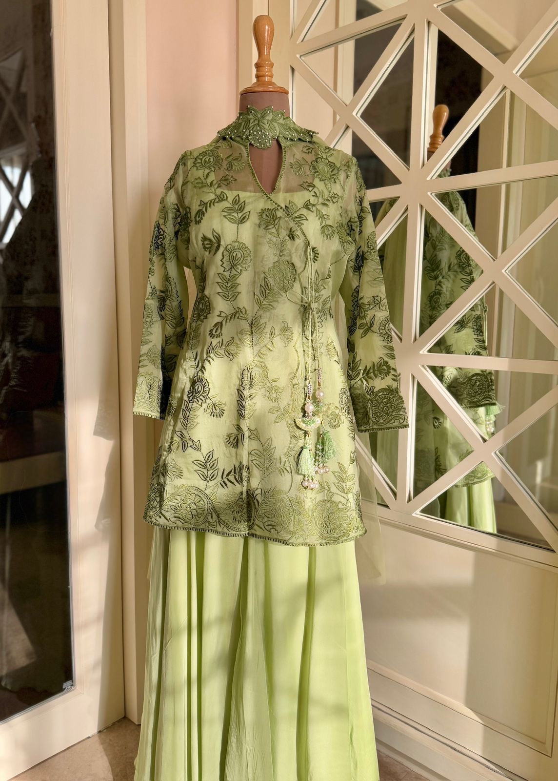 Pastel Green Organza Jacket Sharara Set – 4 Piece Ensemble