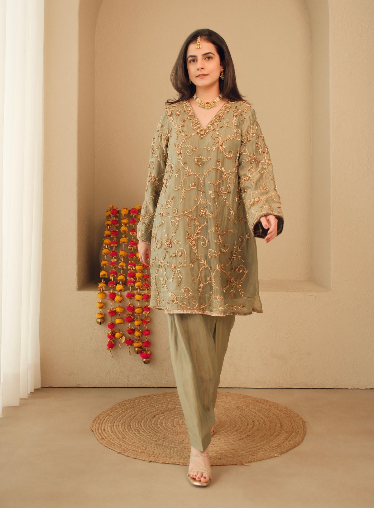 Sage Zari – Pure Crushed Tissue Salwar Set