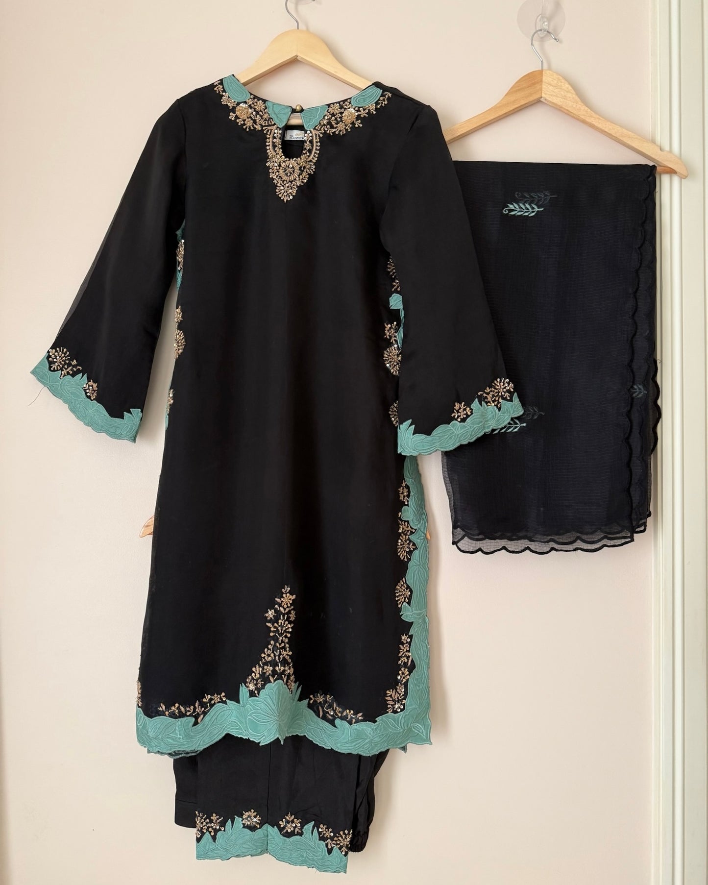 Black Semi-Silk Suit with Green Embroidery