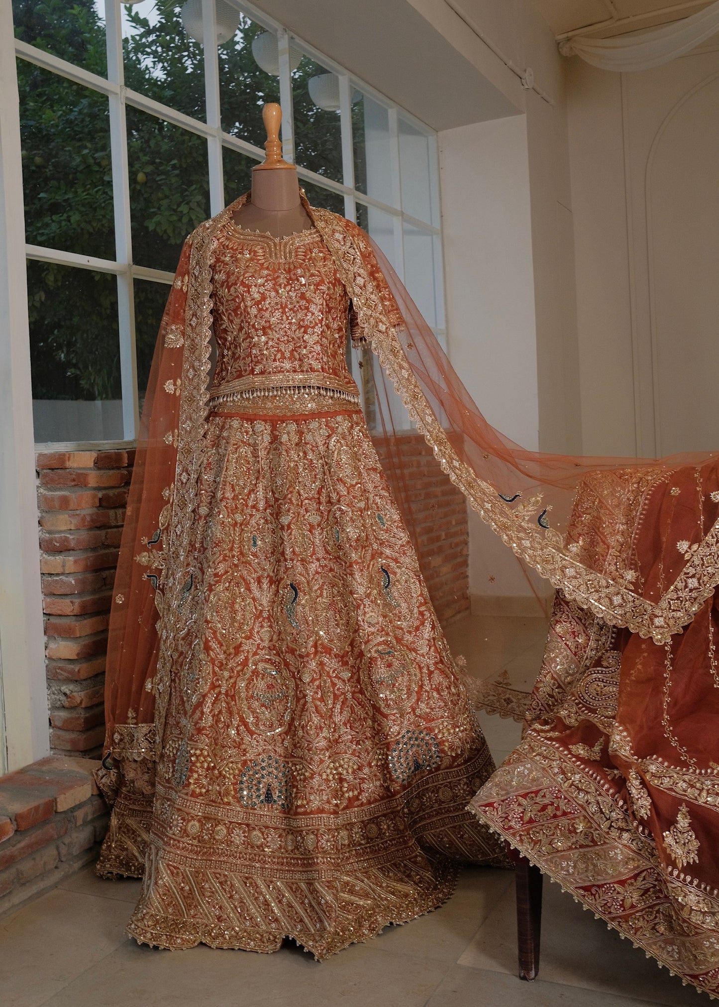 Burnt Orange Raw Silk Bridal Lehenga