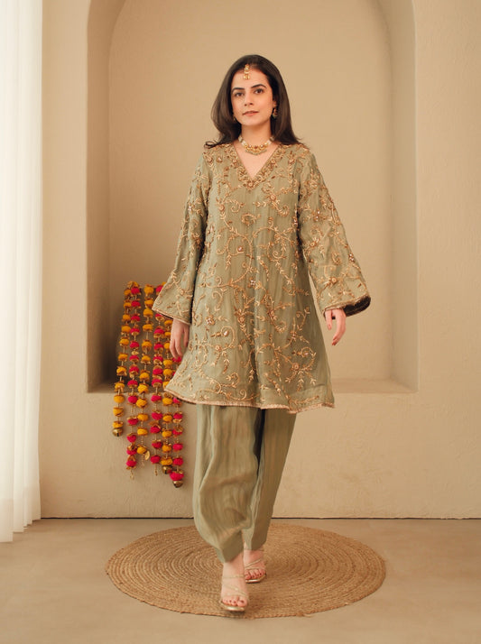 Sage Zari – Pure Crushed Tissue Salwar Set