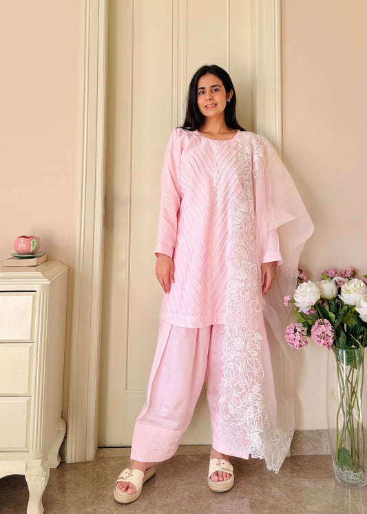 Blush Reverie — Semi Silk Pintex Suit with Organza Dupatta