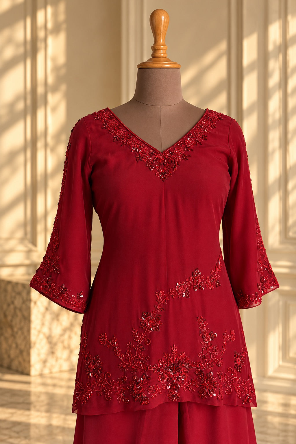 Gulnaar – Crimson Bloom Georgette Ensemble