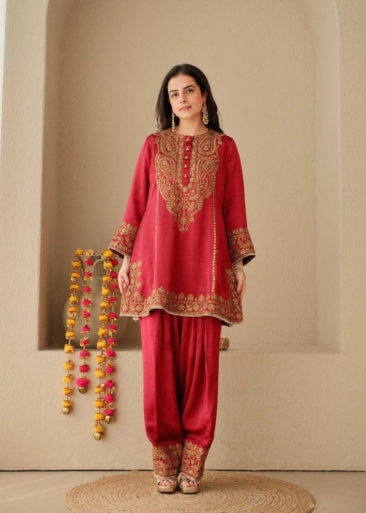 Surkh- Maroon Red Flat Raw Silk Suit