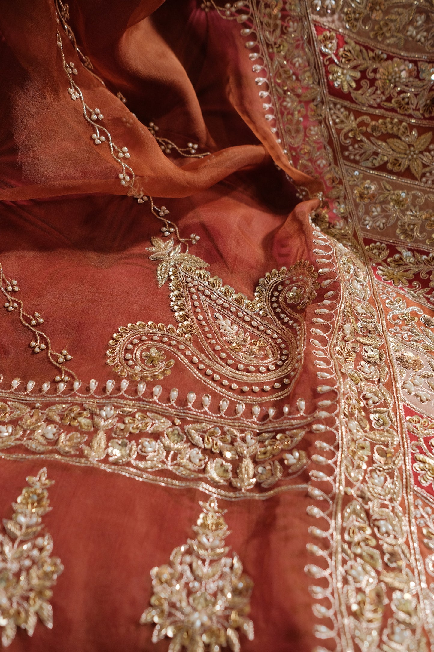 Burnt Orange Raw Silk Bridal Lehenga
