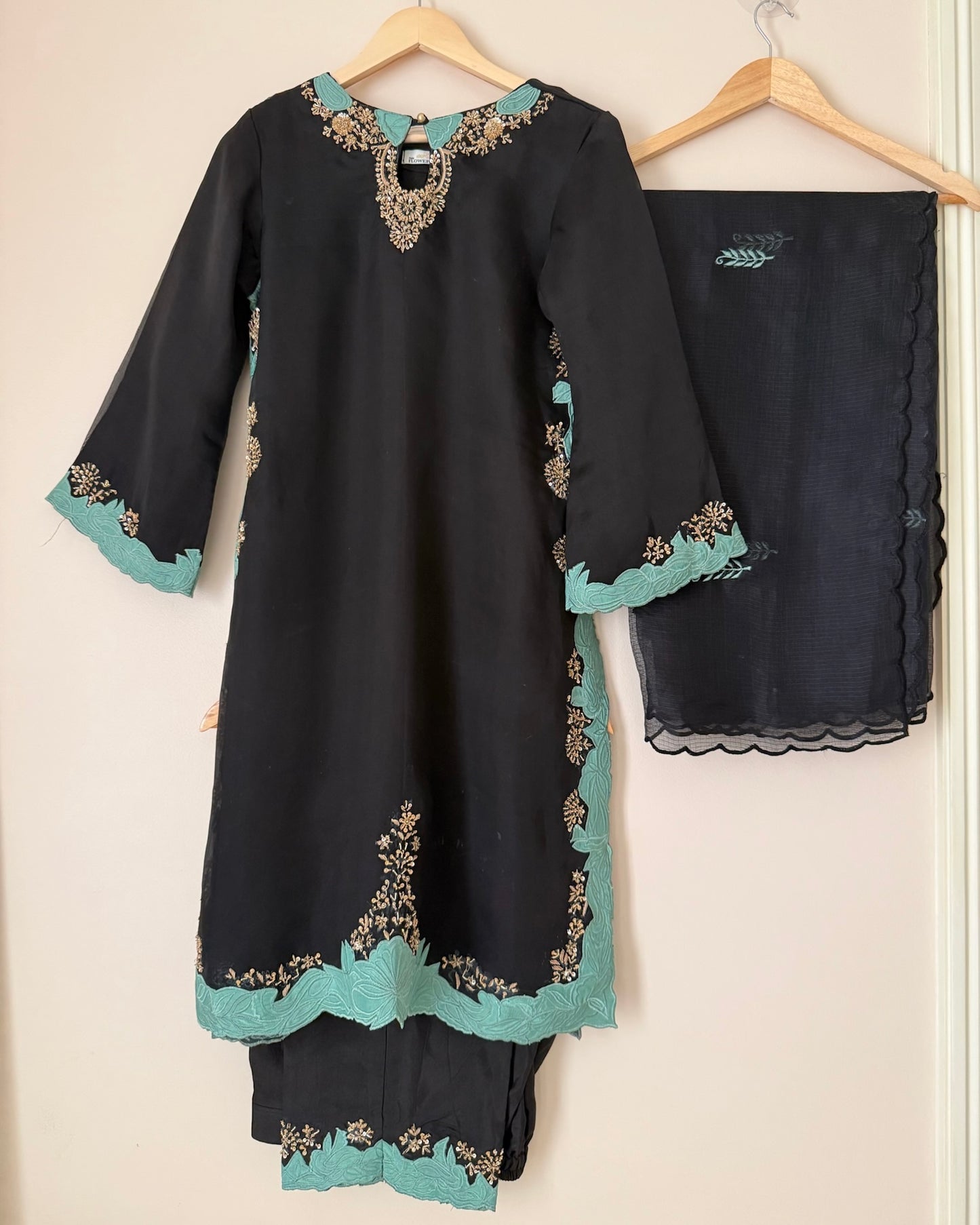 Black Semi-Silk Suit with Green Embroidery
