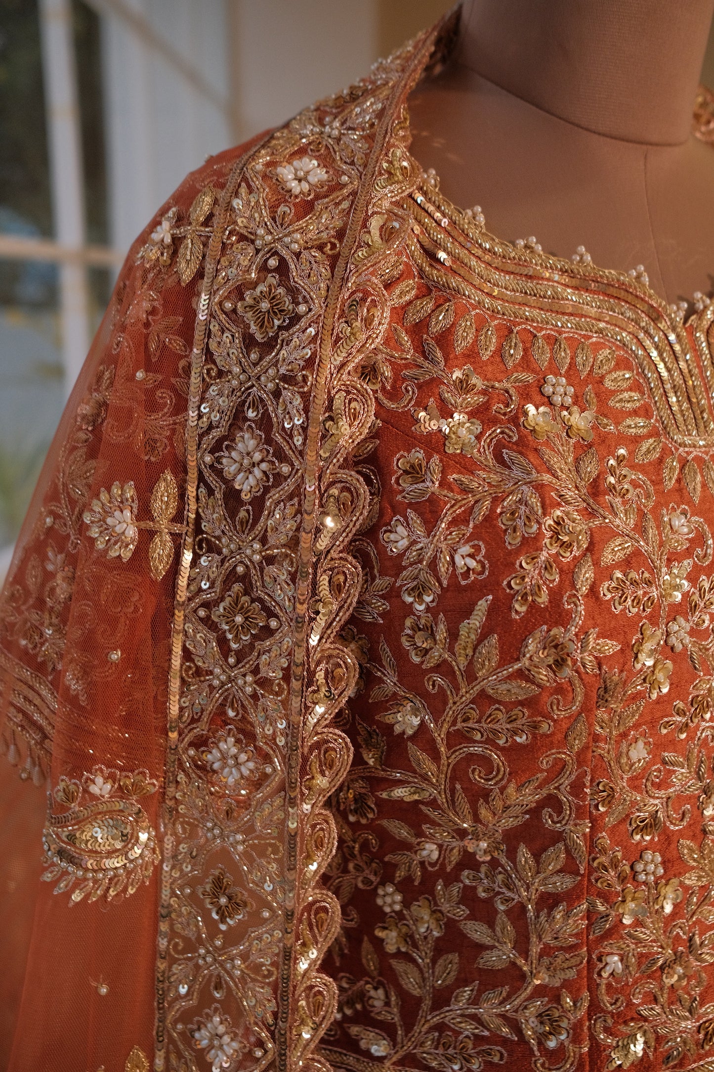 Burnt Orange Raw Silk Bridal Lehenga