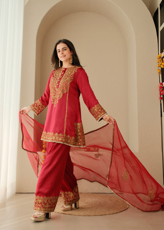 Surkh- Maroon Red Flat Raw Silk Suit