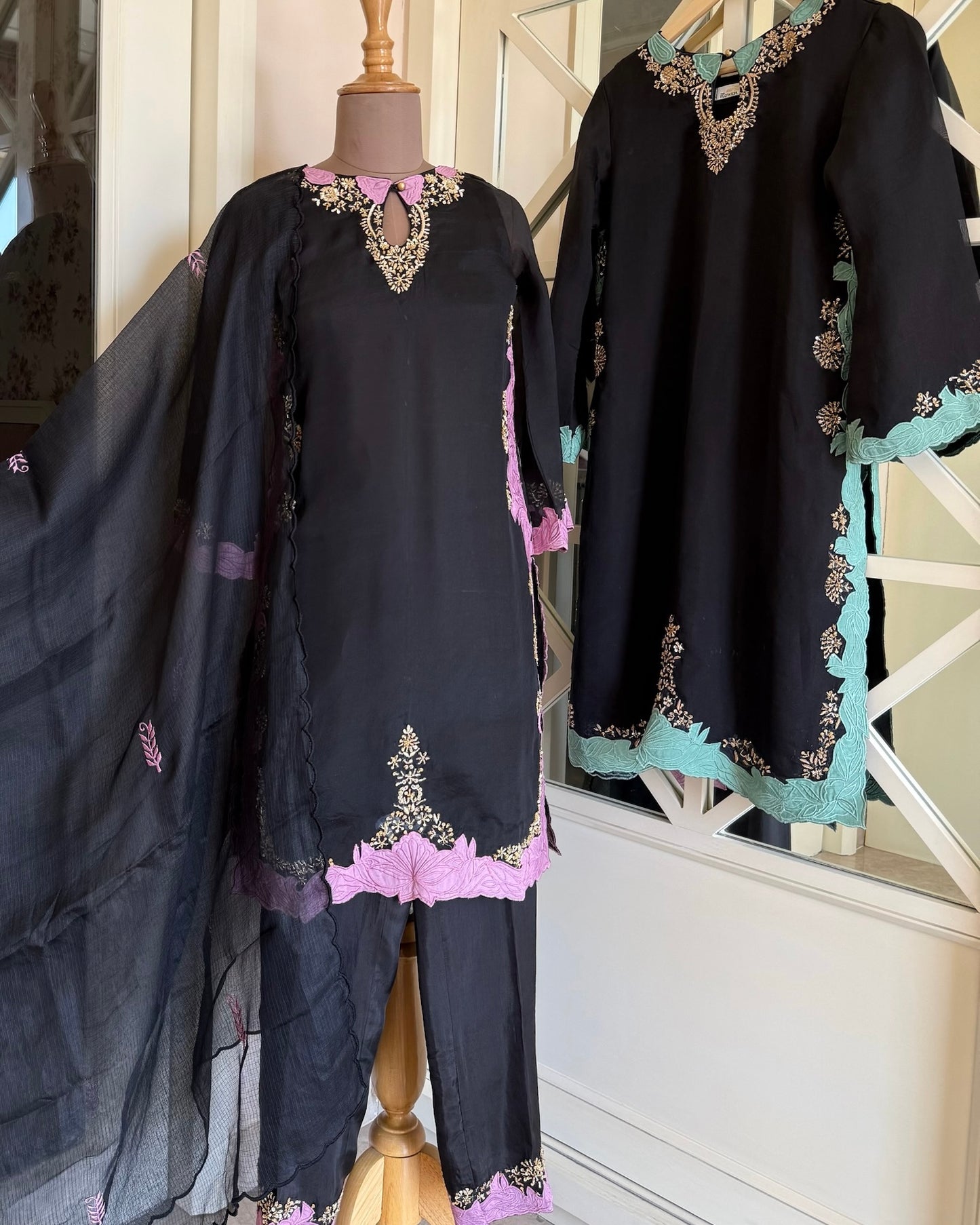 Black Semi-Silk Suit with Mauve Embroidery