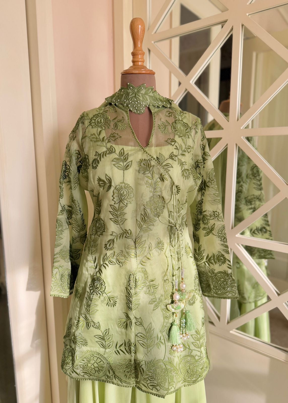 Pastel Green Organza Jacket Sharara Set – 4 Piece Ensemble