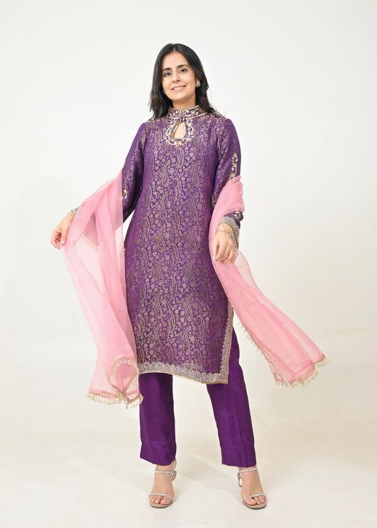 Noor Hand-Embroidered Banarasi Suit Set- Purple