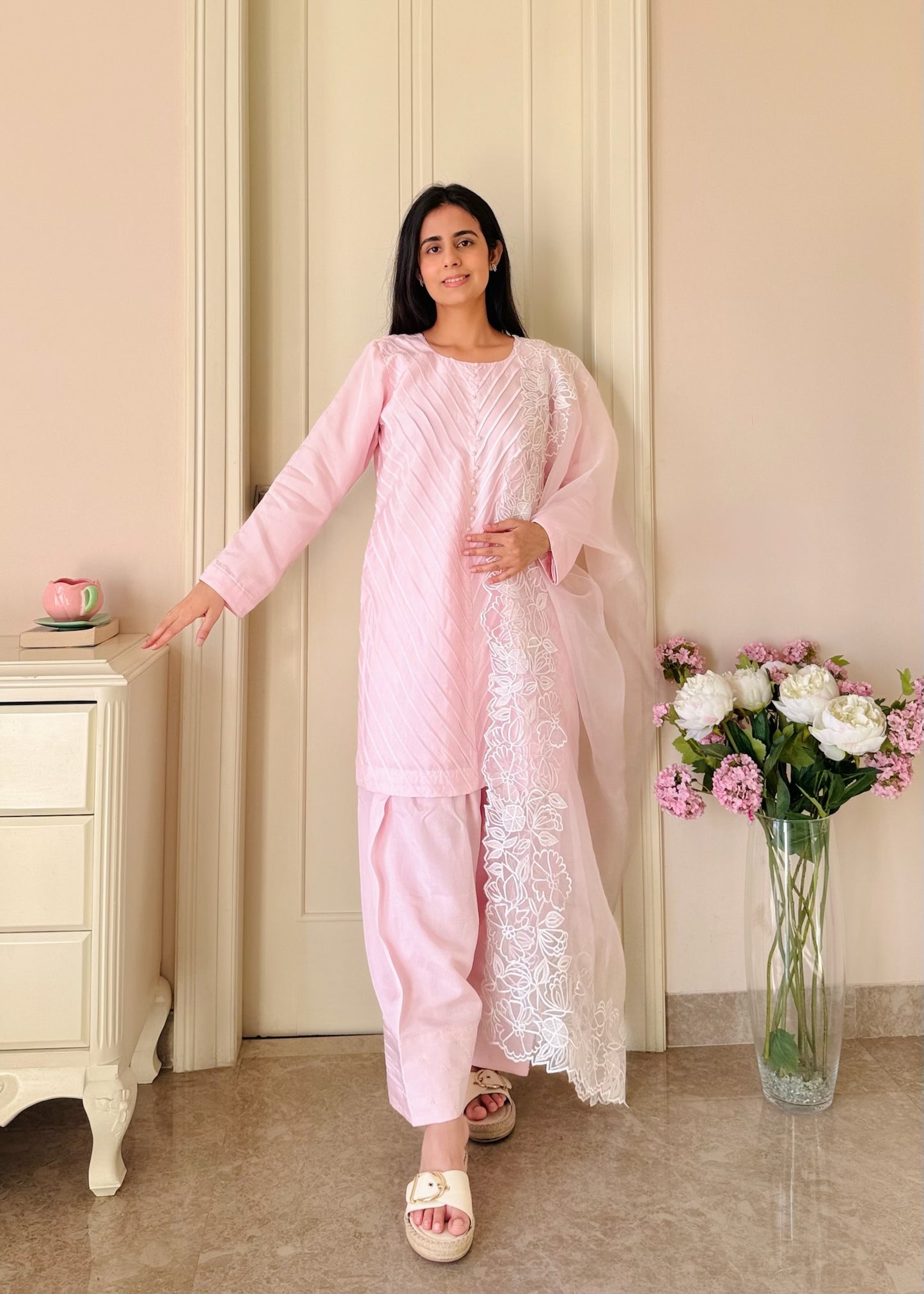 Blush Reverie — Semi Silk Pintex Suit with Organza Dupatta