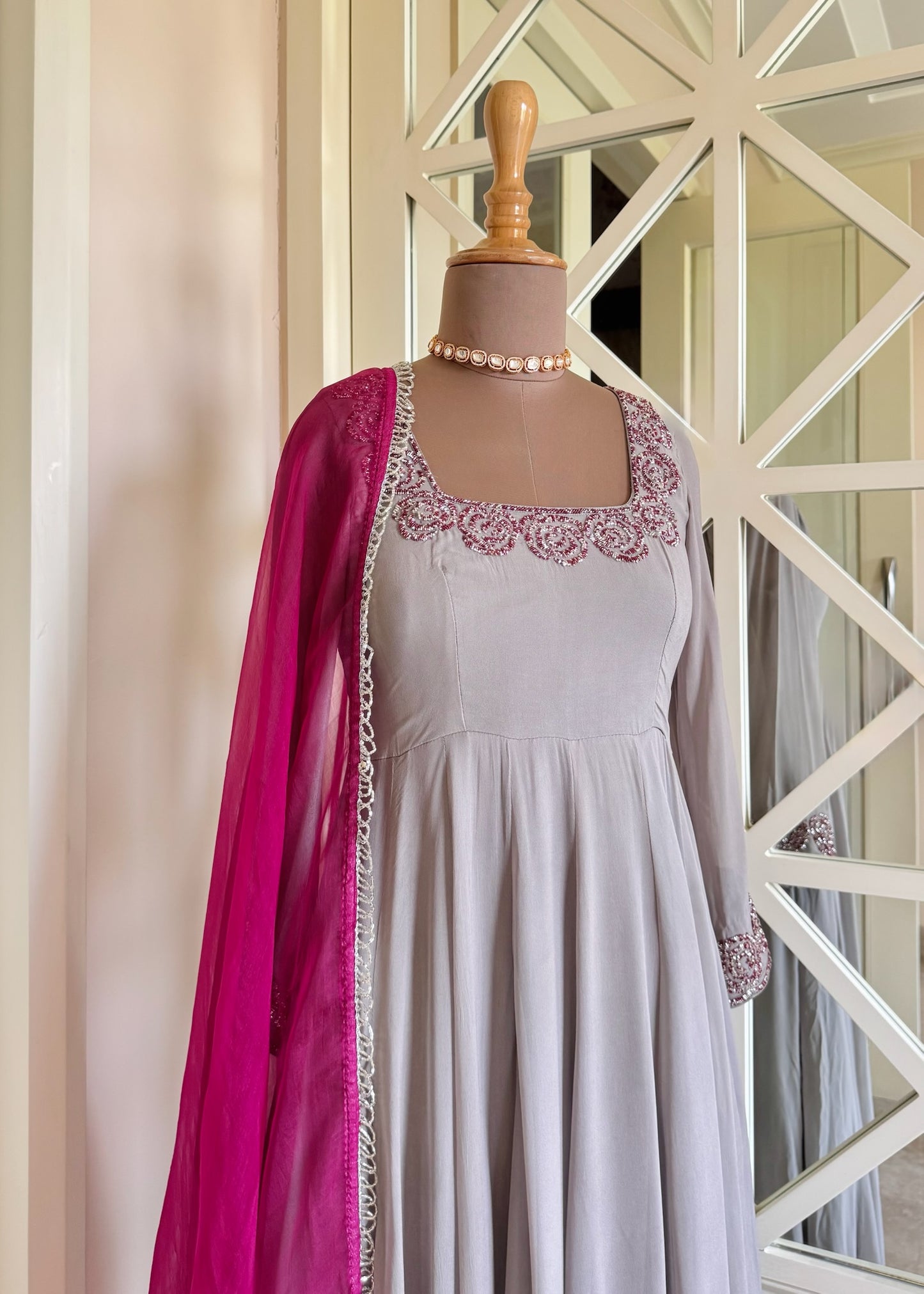 Dove Grey Embellished Georgette Anarkali with Magenta Dupatta