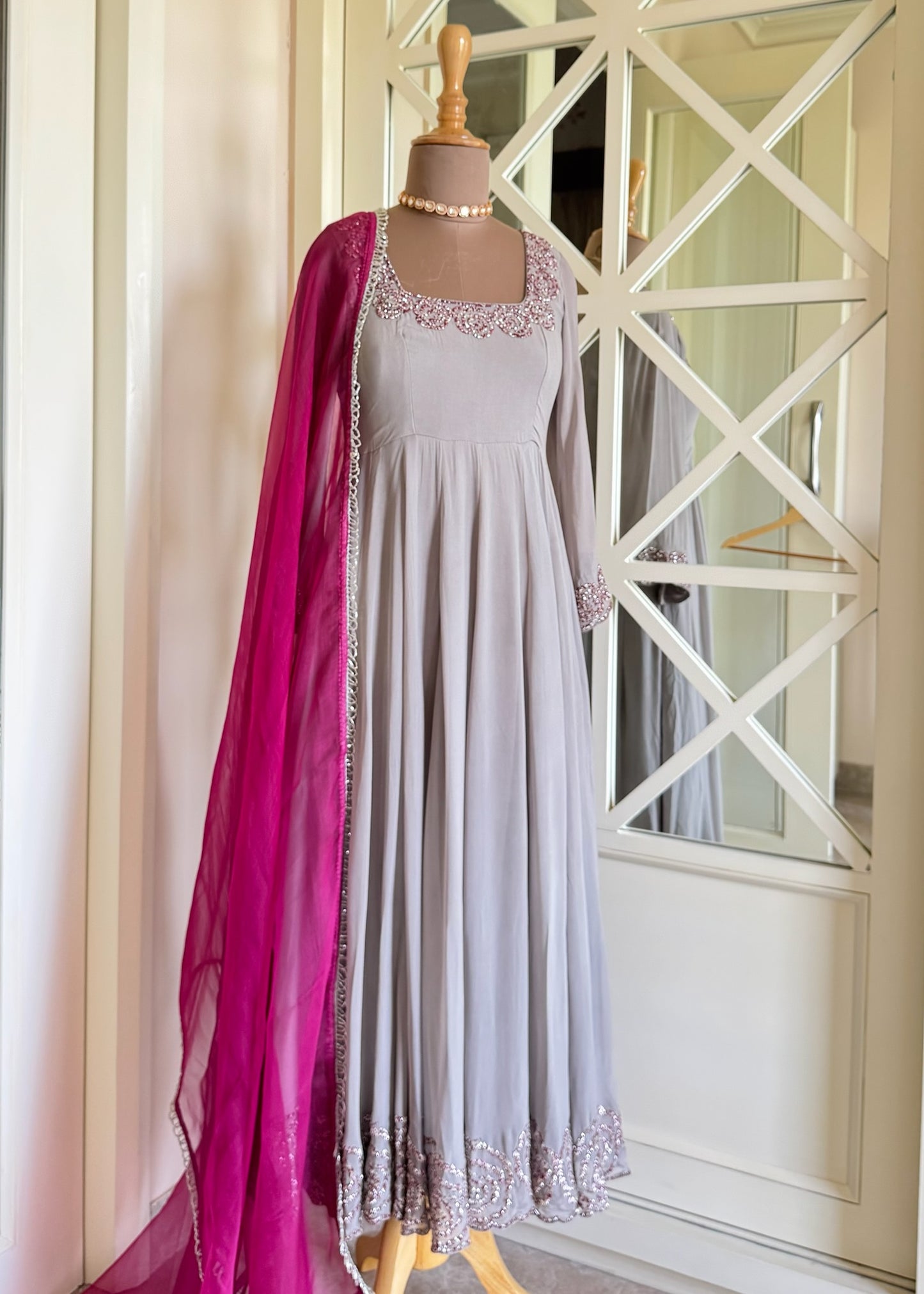 Dove Grey Embellished Georgette Anarkali with Magenta Dupatta