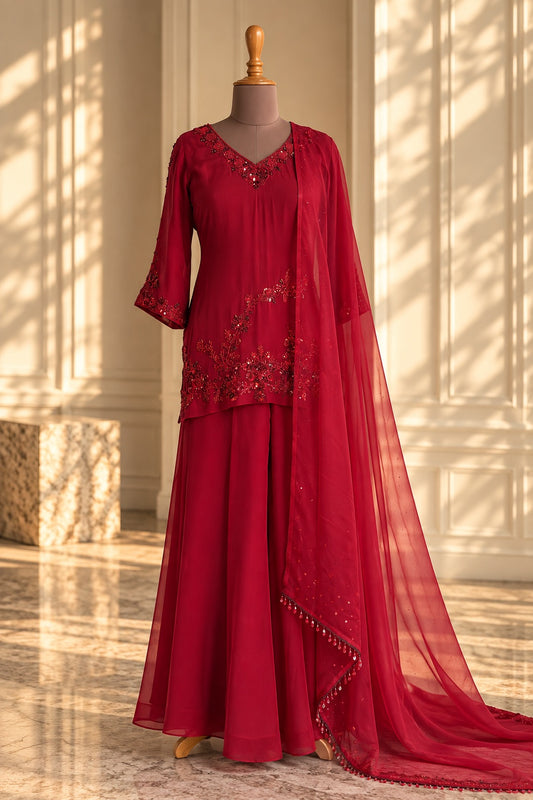 Gulnaar – Crimson Bloom Georgette Ensemble