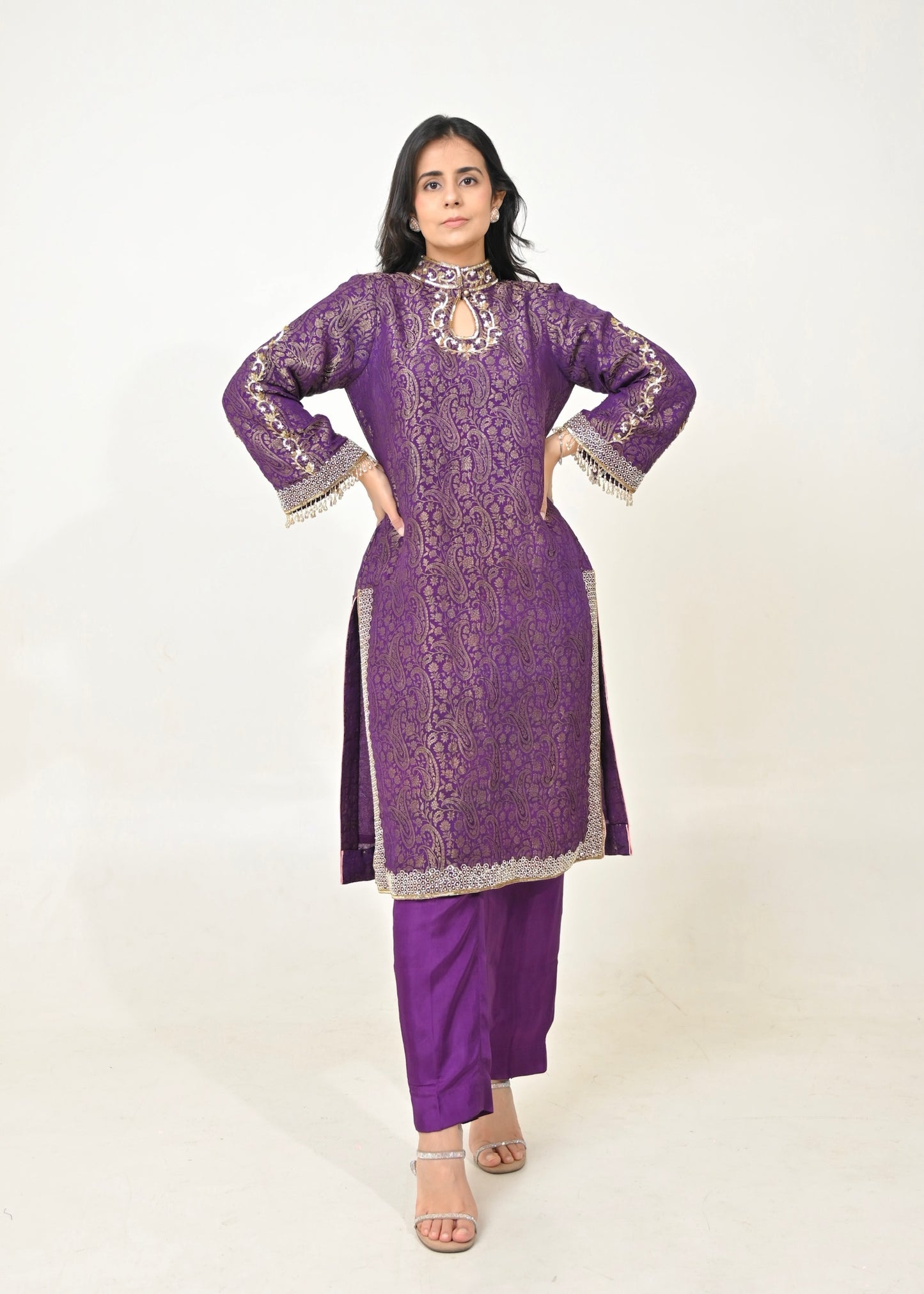 Noor Hand-Embroidered Banarasi Suit Set- Purple