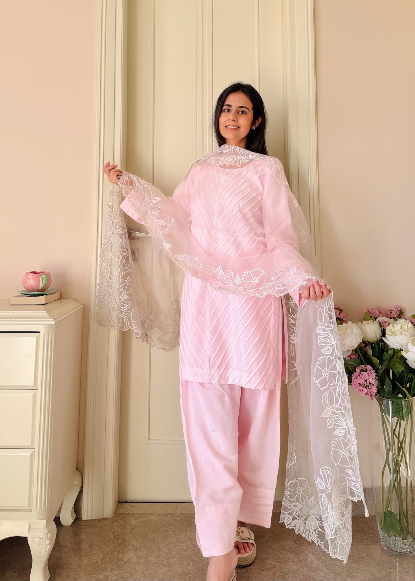 Blush Reverie — Semi Silk Pintex Suit with Organza Dupatta